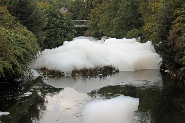 Foam monster engulfs River Lea in Hackney, east London, reaching heights of 10ft