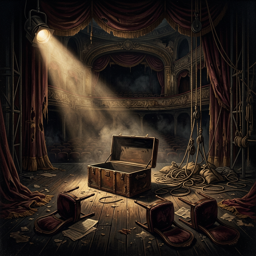Open trunk, overturned theater seats, and ropes on an empty stage
