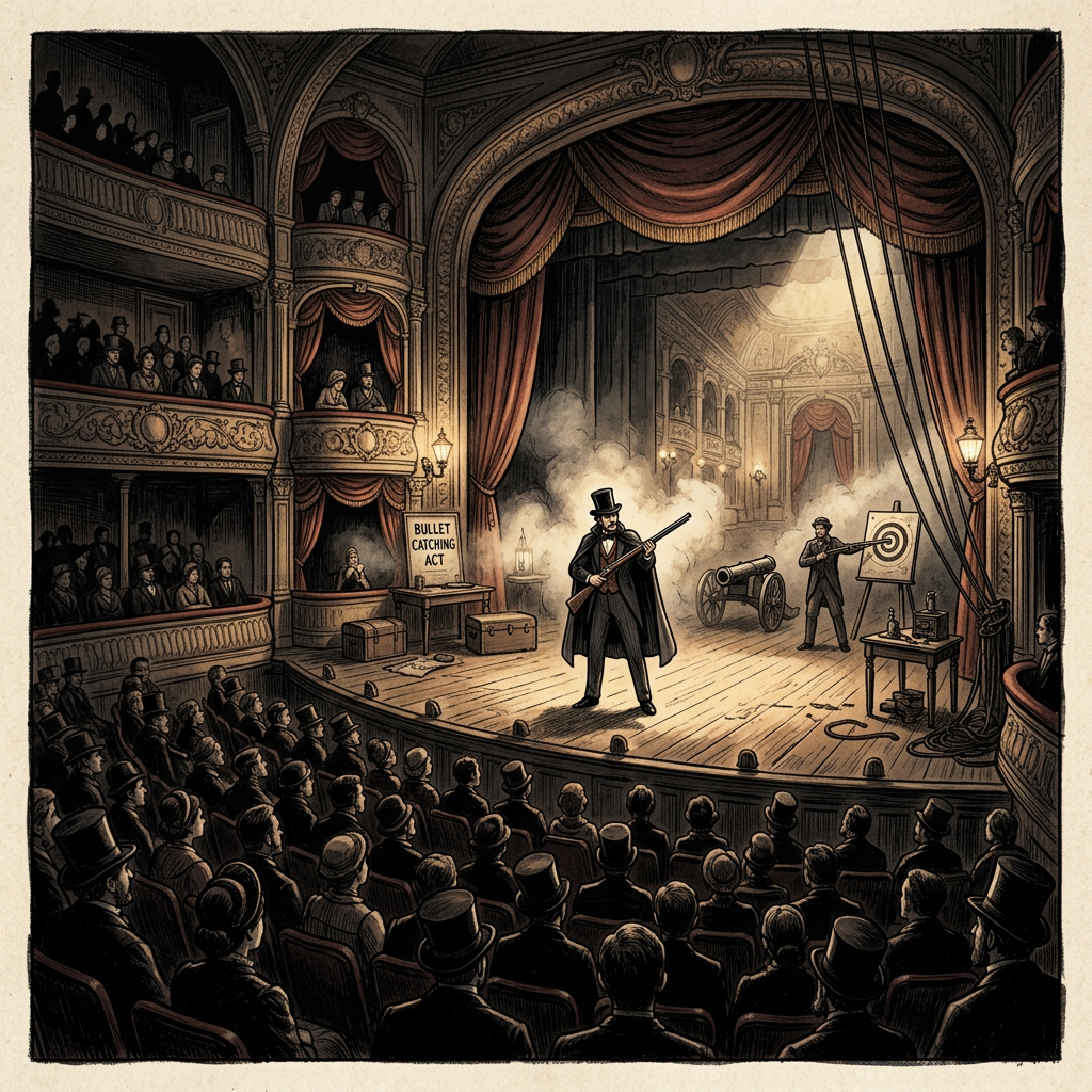 Victorian theater audience watching a bullet-catching act with performer, cannon, and target